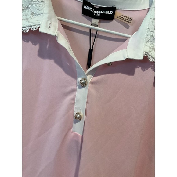 Karl Lagerfeld Blouse Lace Top Women's L Pink Sleeveless Spread Collar Polyester - Picture 3 of 5